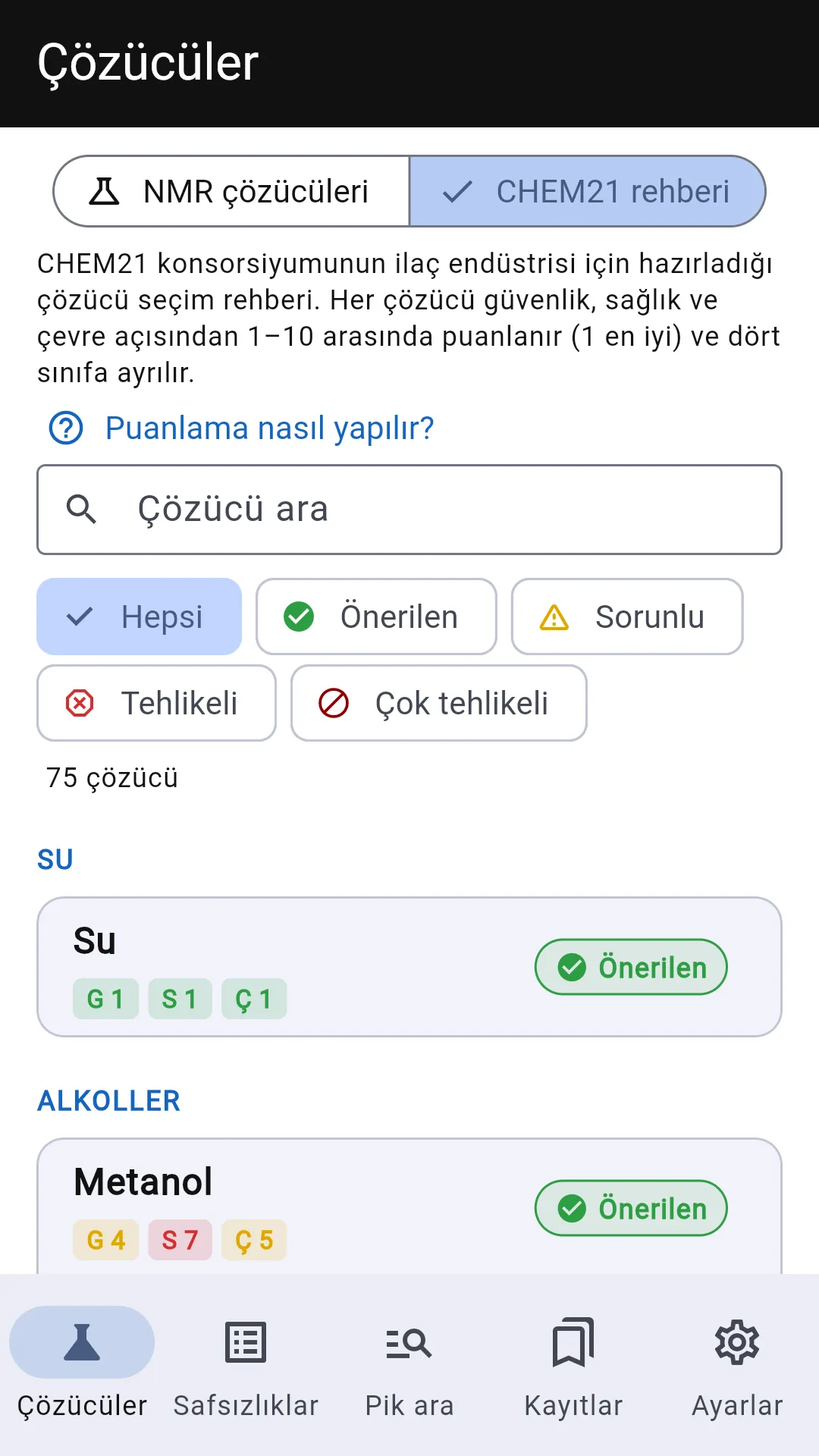 Ekran görüntüsü: CHEM21 yeşil kimya rehberi