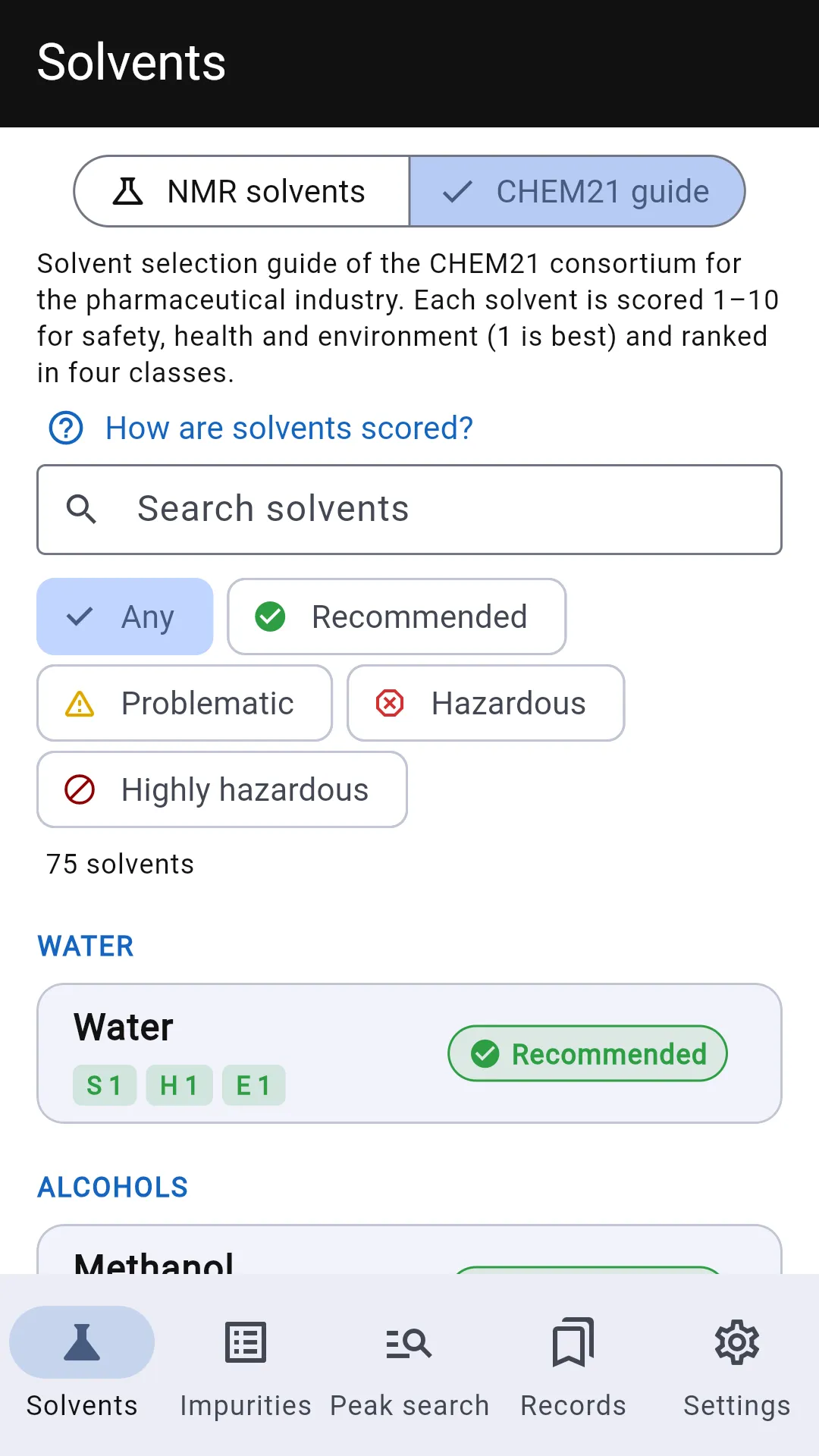 Screenshot: CHEM21 green chemistry guide