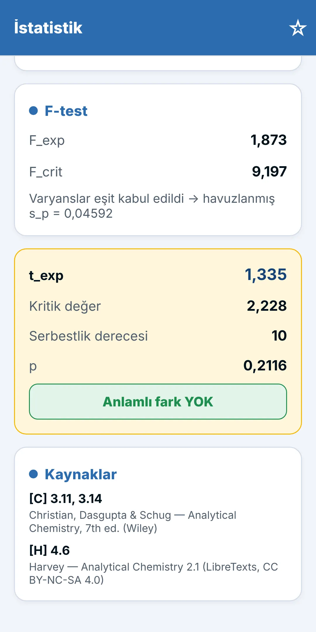 Ekran görüntüsü: İki ortalamanın t-testi: önce F-testi, sonra karar