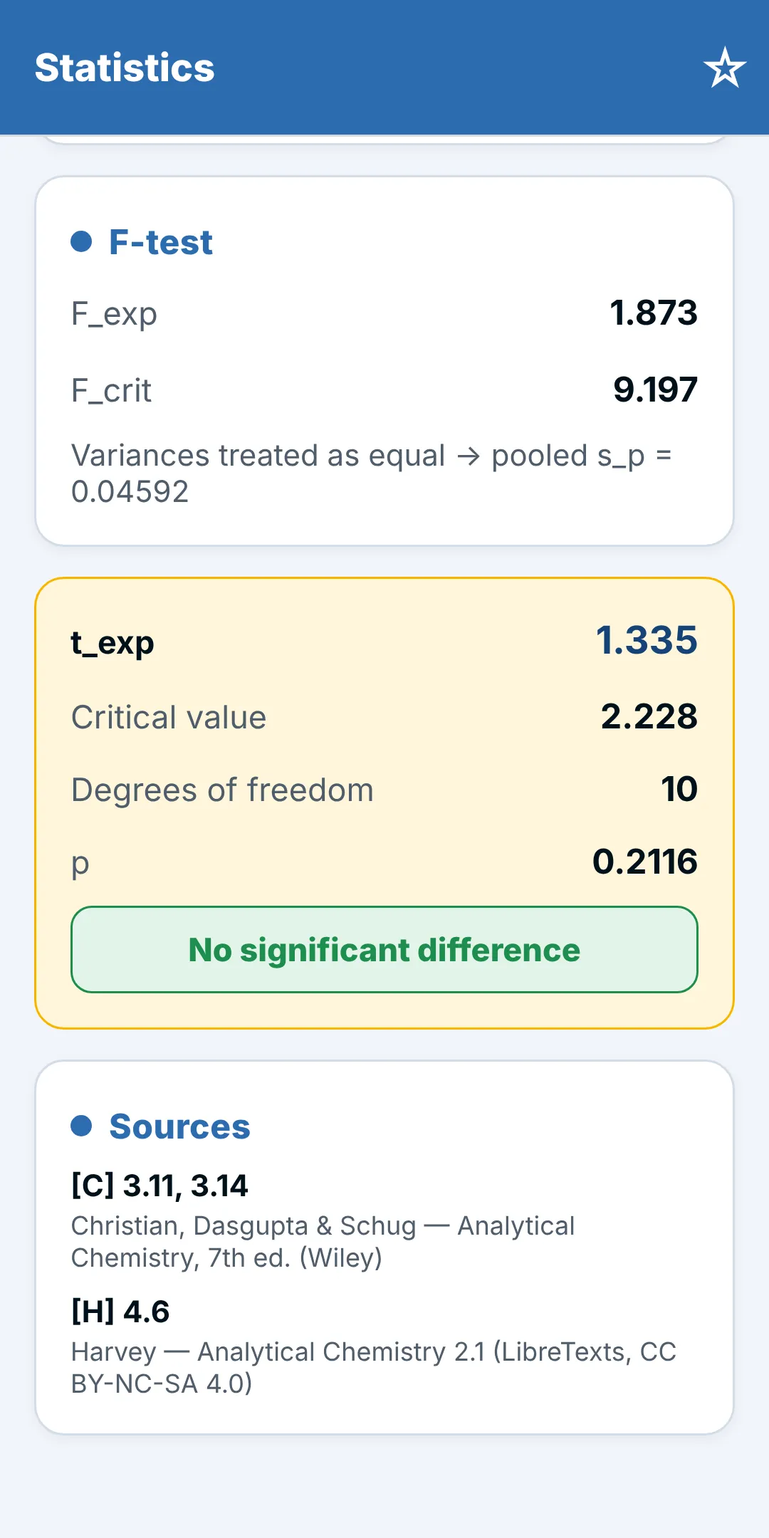 Screenshot: Two-means t-test: F-test first, then the verdict