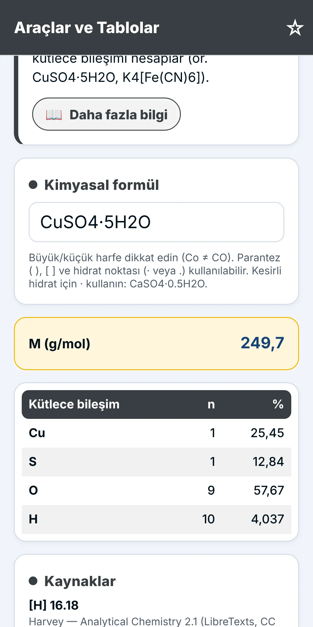 Ekran görüntüsü: Molar kütle ve kütlece bileşim