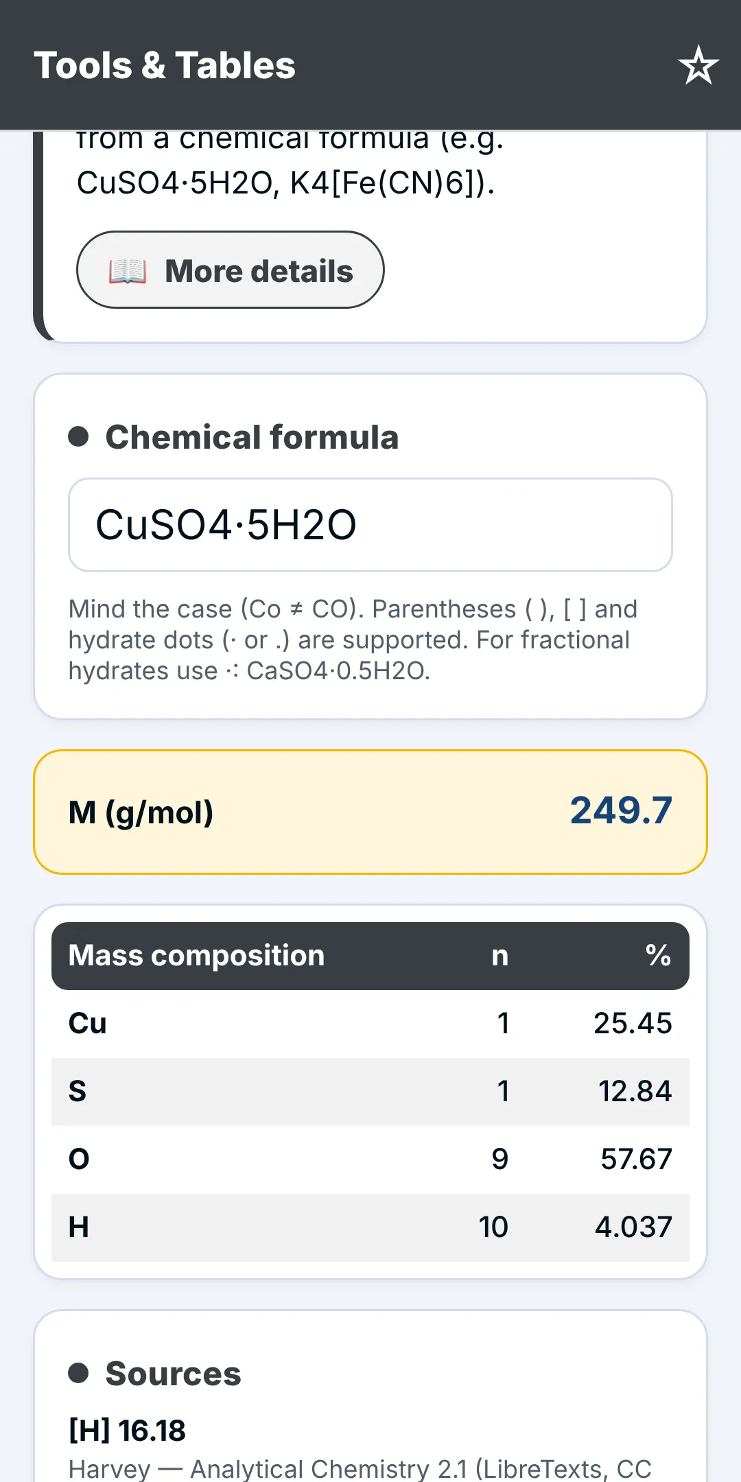 Screenshot: Molar mass and mass composition