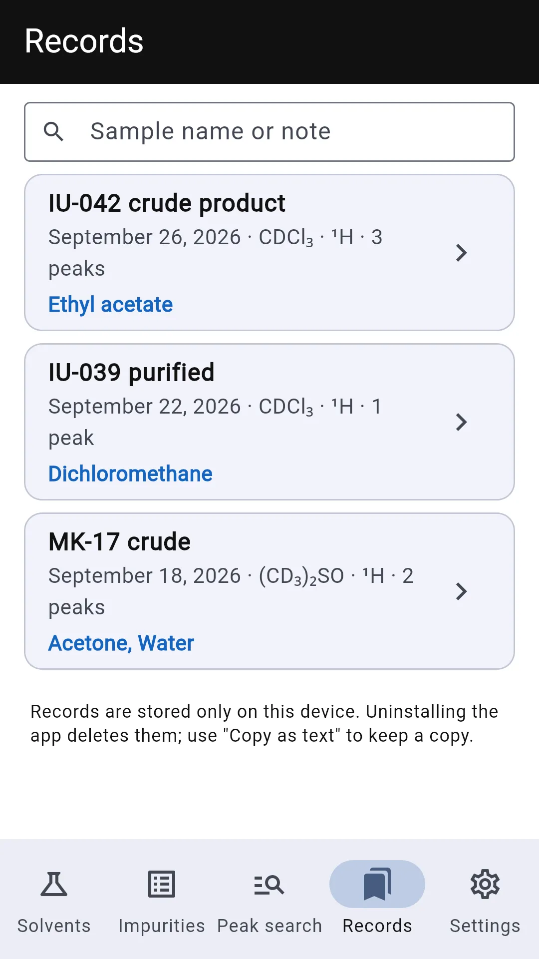 Screenshot: Records, sorted by analysis date