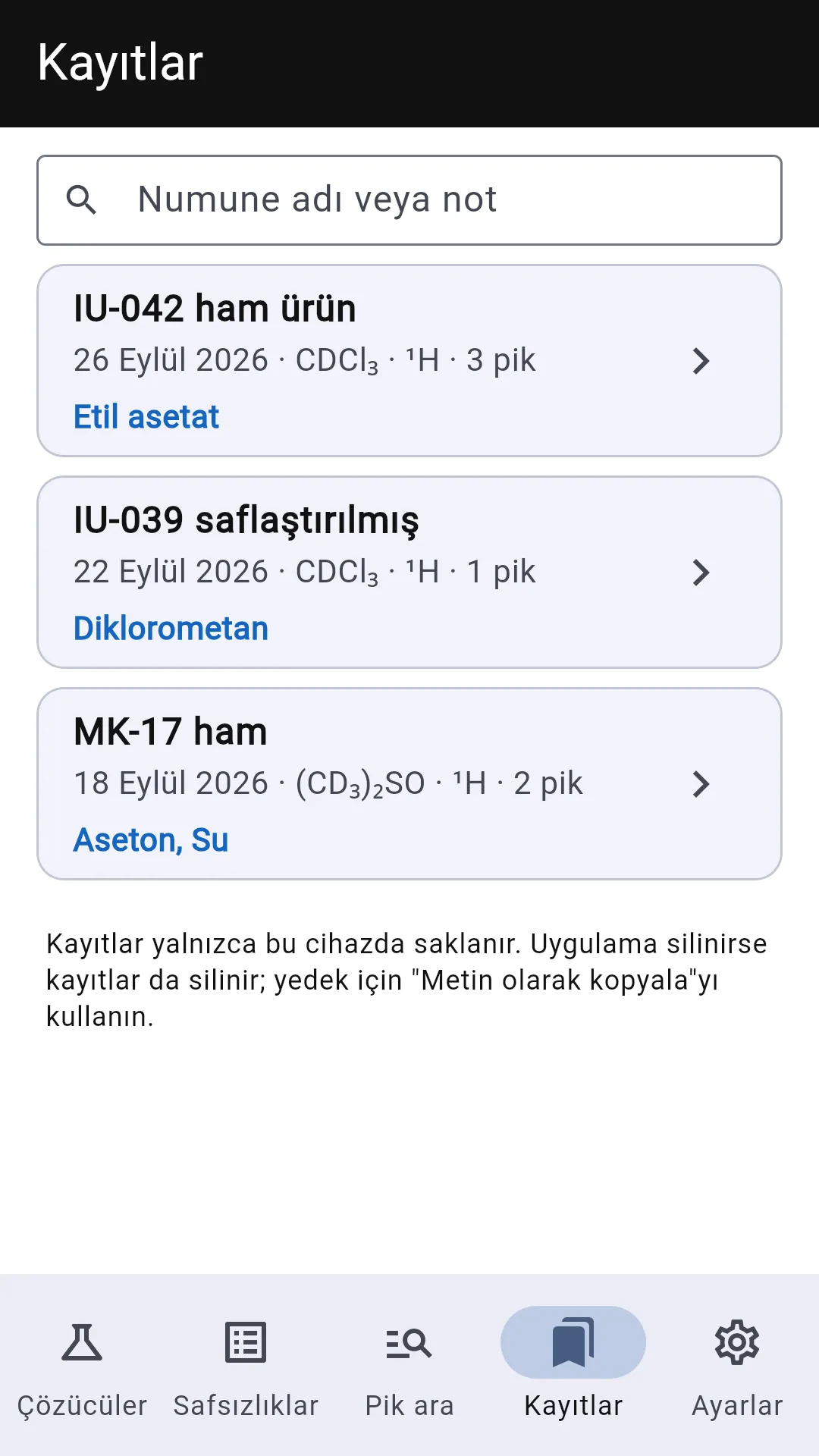 Ekran görüntüsü: Kayıtlar: analiz tarihine göre sıralı